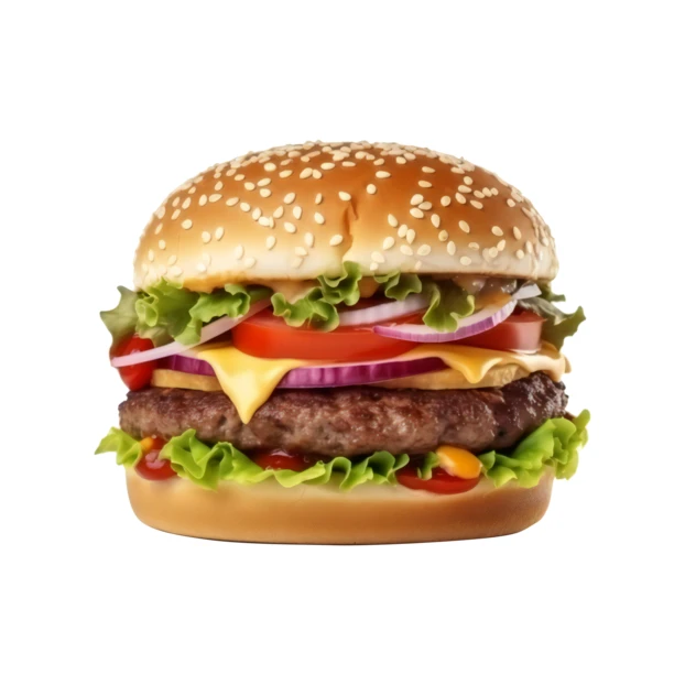 Gourmet beef burger with cheese and vegetables on white background