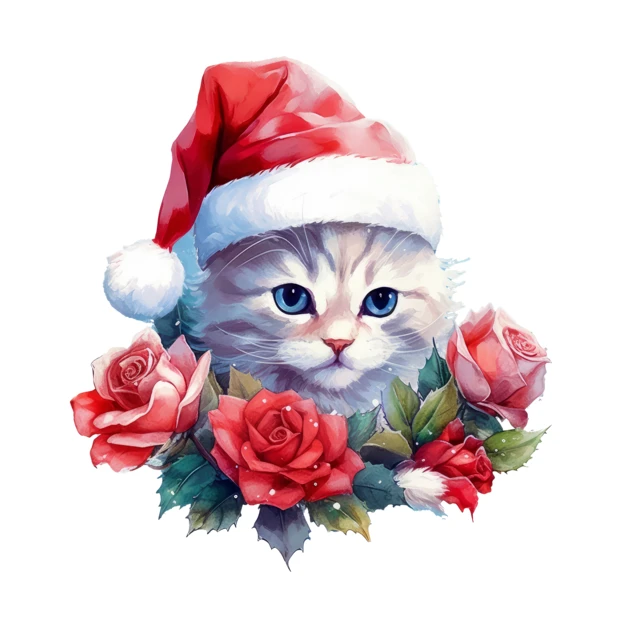 Watercolor Christmas kitten wearing Santa hat with red roses