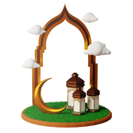 Islamic Archway with Lanterns and Moon on Grass