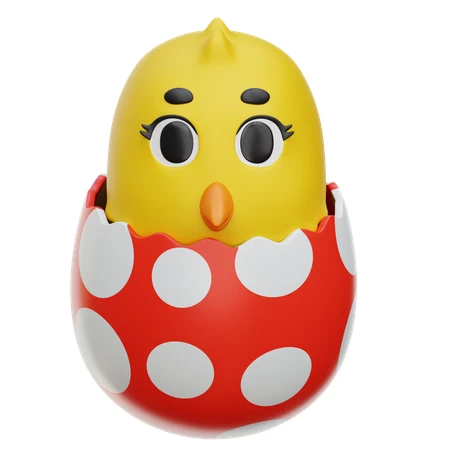 Cute yellow chick toy hatching from a red polka-dot egg