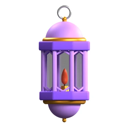 3D purple and gold Islamic lantern with candle inside