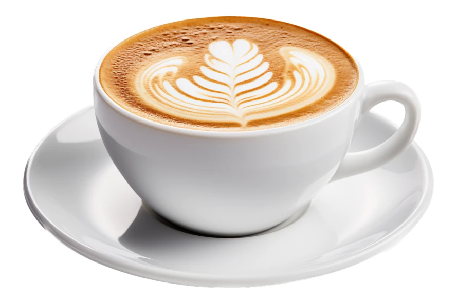 Cup of hot cappuccino with latte art on white background