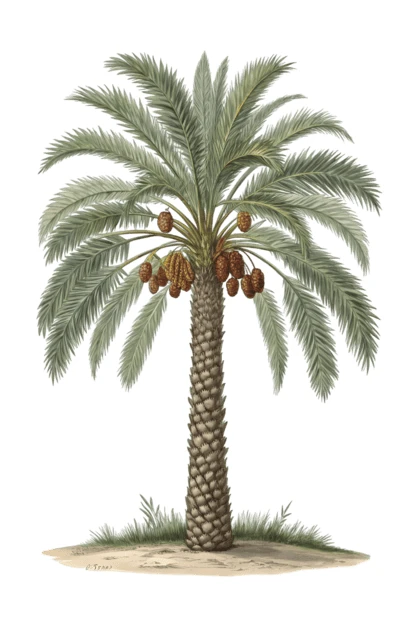 Vintage botanical illustration of a date palm tree