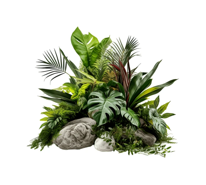 Lush tropical greenery and rocks isolated on white background