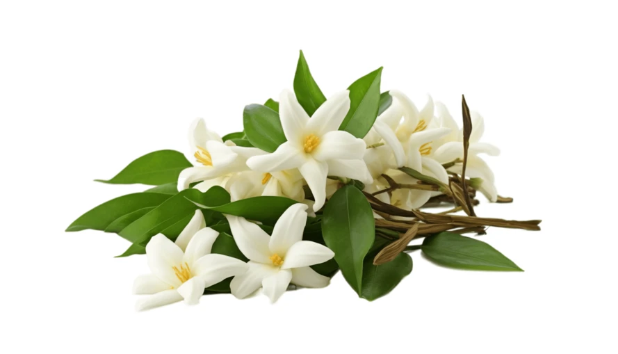 White jasmine flowers with green leaves and vanilla beans