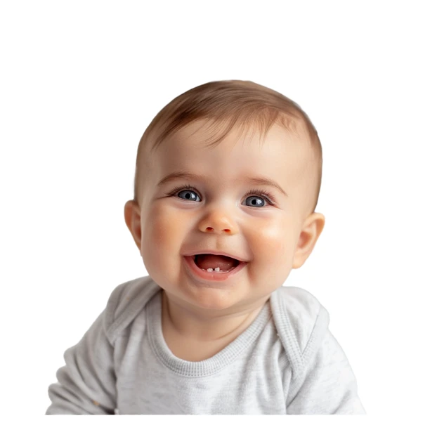 Happy baby smiling showing first teeth isolated on white