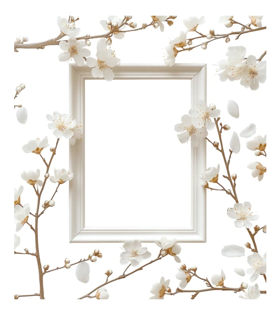 Empty white frame surrounded by delicate spring blossom branches