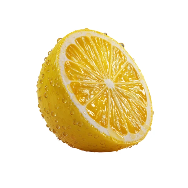 Fresh lemon half with water droplets on white background