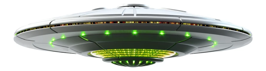 Futuristic UFO flying saucer with glowing green lights isolated