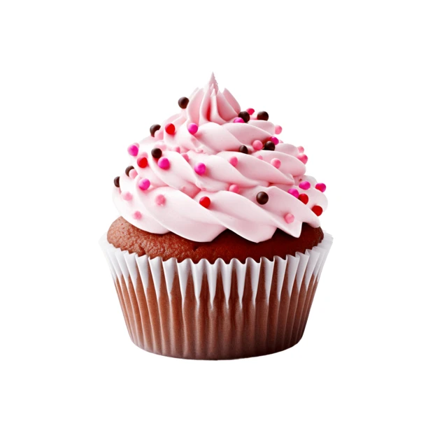 Chocolate cupcake with pink frosting and sprinkles on white background