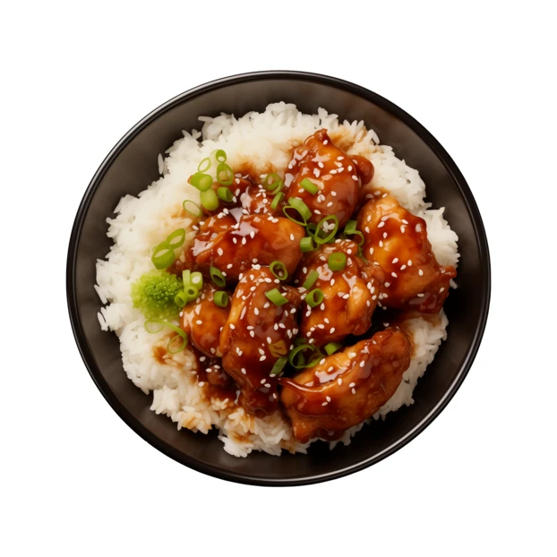 Teriyaki chicken with white rice and sesame seeds in bowl