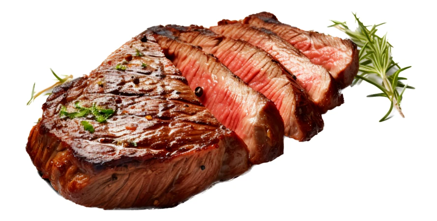 Sliced grilled beef steak with rosemary isolated on white