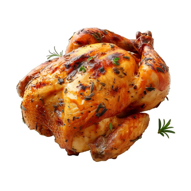 Whole roasted rotisserie chicken with herbs on white background