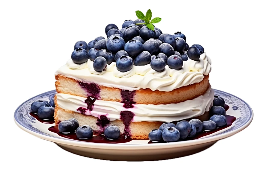 Layered blueberry cake with whipped cream and fresh berries