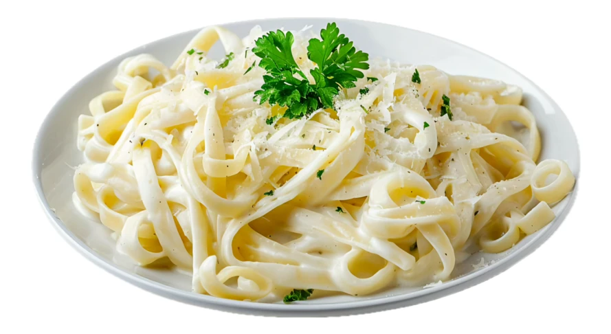 Creamy fettuccine alfredo pasta isolated on white background