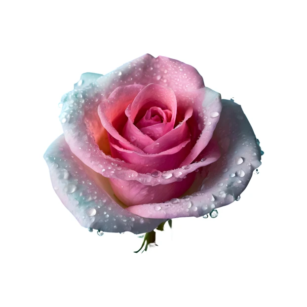 Pink and blue rose with water droplets on white background