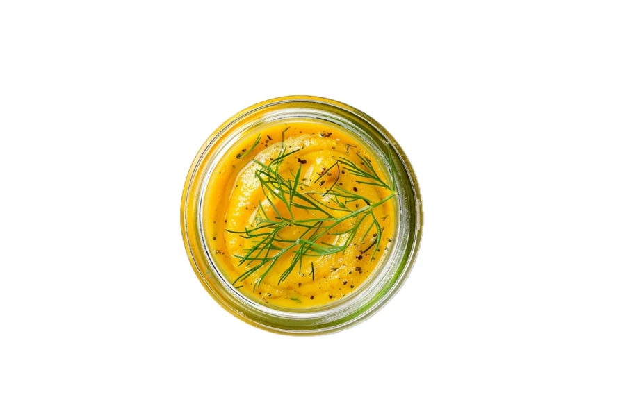 Honey mustard sauce with fresh dill in glass jar