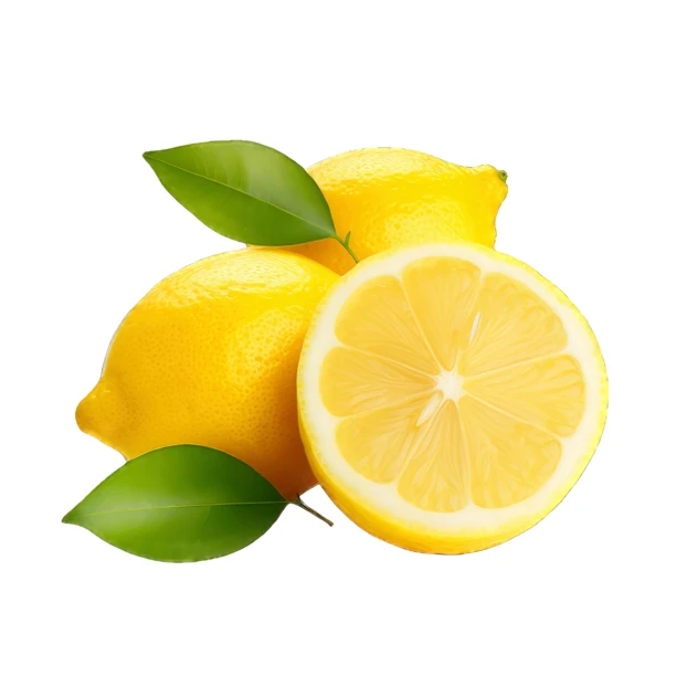 Whole and sliced fresh lemons with leaves isolated on white