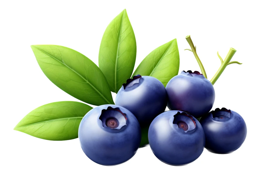 Fresh blueberries with green leaves isolated on white background
