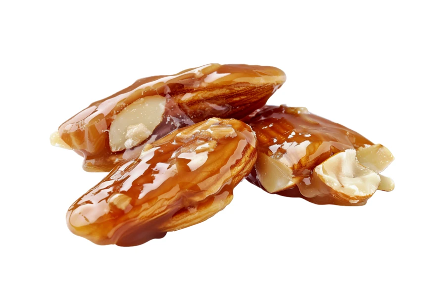 Honey glazed almonds isolated on white background