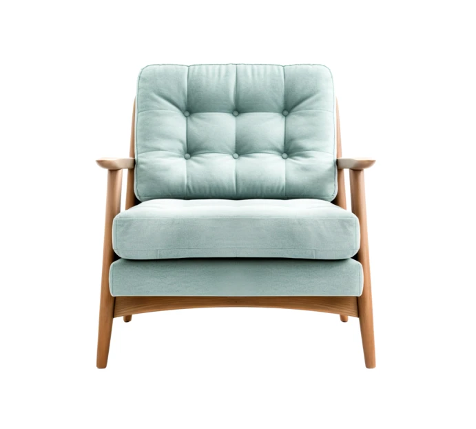 Mid-century modern light blue armchair isolated on white background