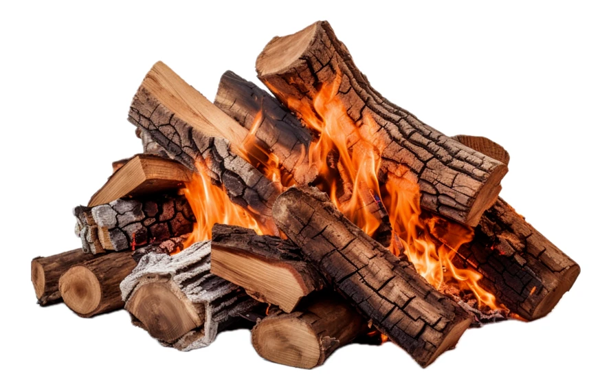Campfire with burning logs isolated on white background