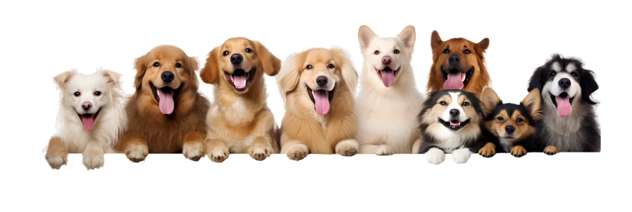 Group of various dog breeds looking over white border