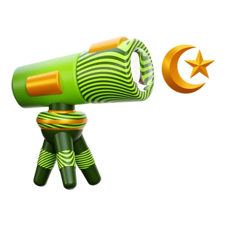 Green Telescope Targeting Crescent Moon and Star