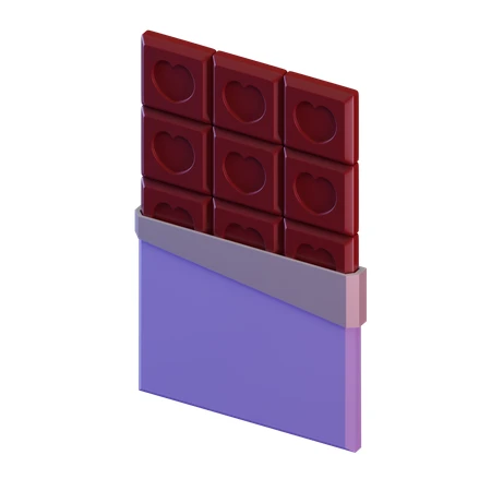 3D rendered chocolate bar with heart patterns and purple wrapper