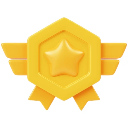 3D golden star badge with wings and ribbons
