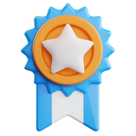3D award badge icon with star and blue ribbons