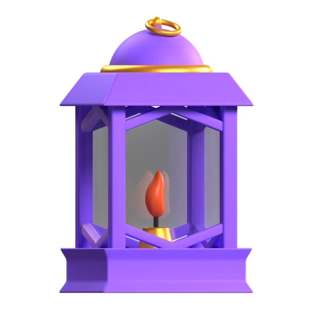 3D purple Ramadan lantern with burning candle isolated