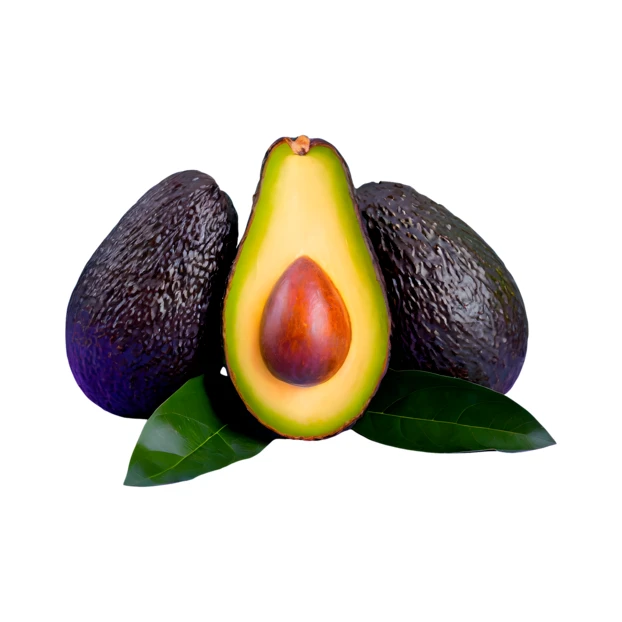 Fresh whole and halved avocados with leaves isolated on white