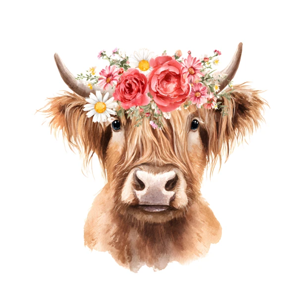 Watercolor Highland cow portrait with red roses floral crown