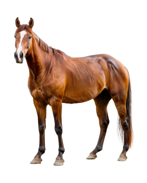 Chestnut brown horse standing isolated on white background