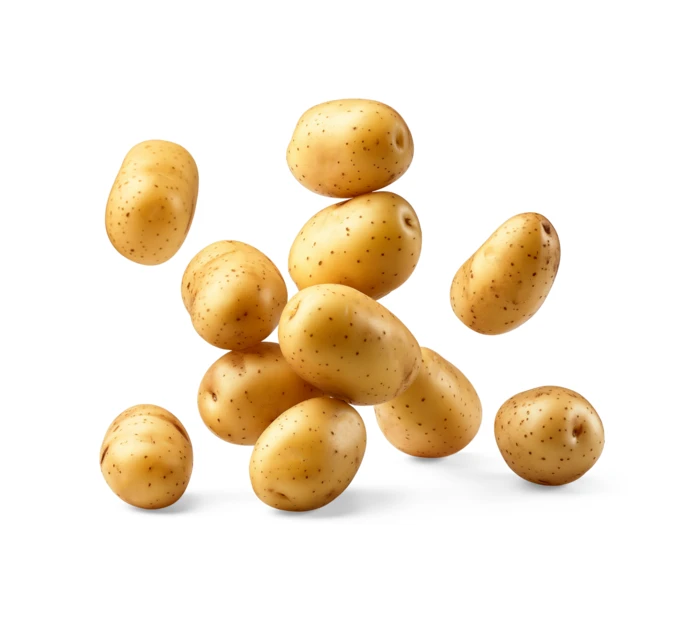Fresh yellow baby potatoes falling against a white background