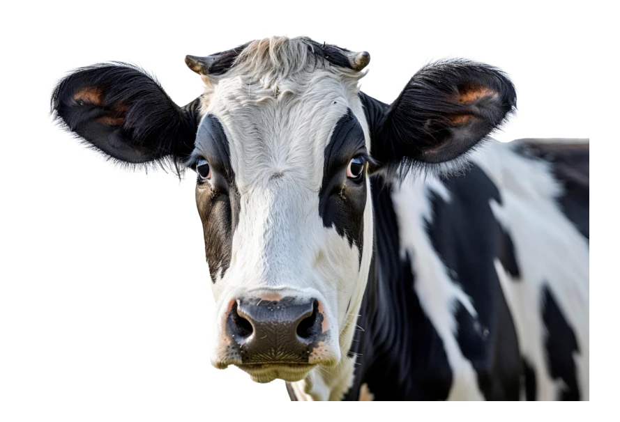 Close-up headshot of a black and white dairy cow
