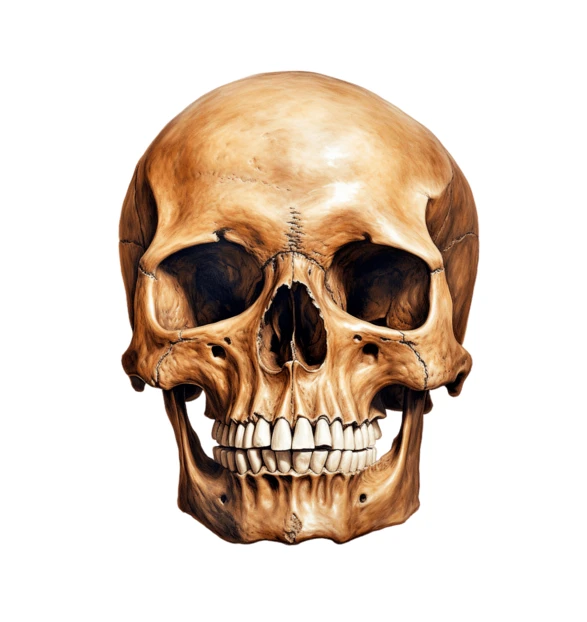 Frontal view of human skull isolated on white background