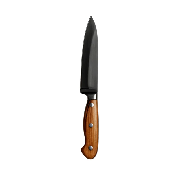Professional chef's knife with black blade and wooden handle