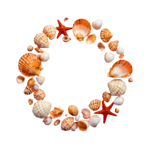 Round seashell and starfish frame isolated on white background