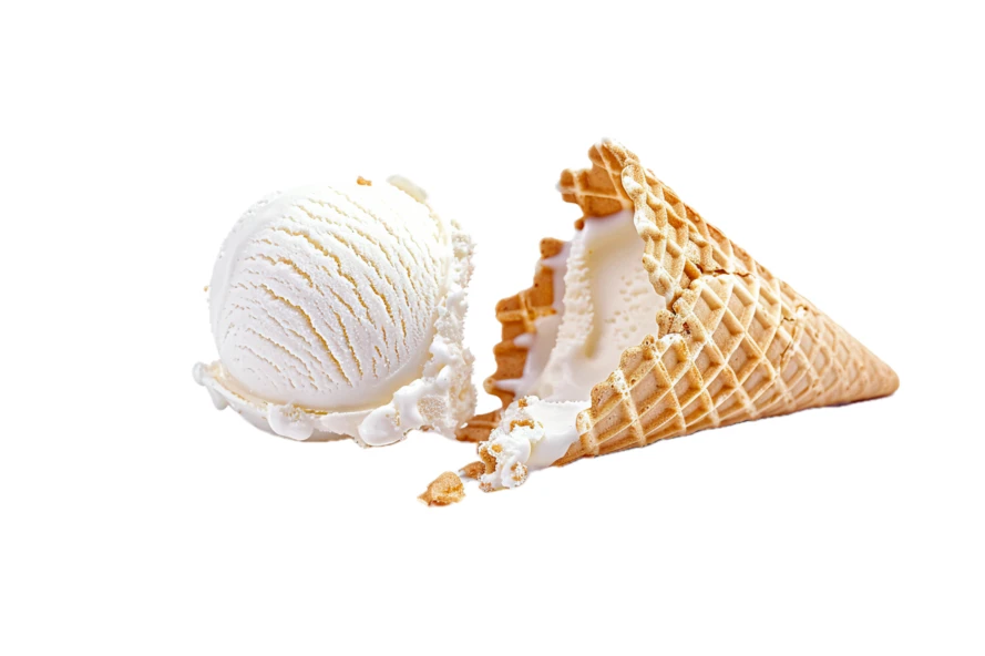 Vanilla ice cream scoop and broken waffle cone on white