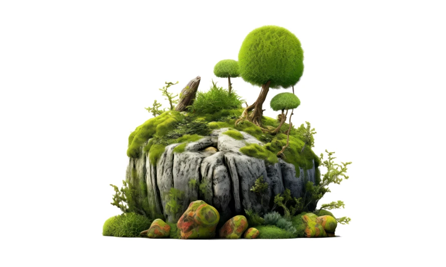 Miniature mossy rock island with small trees on white background
