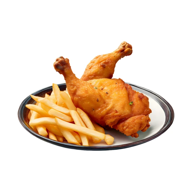 Crispy fried chicken drumsticks with french fries on a plate