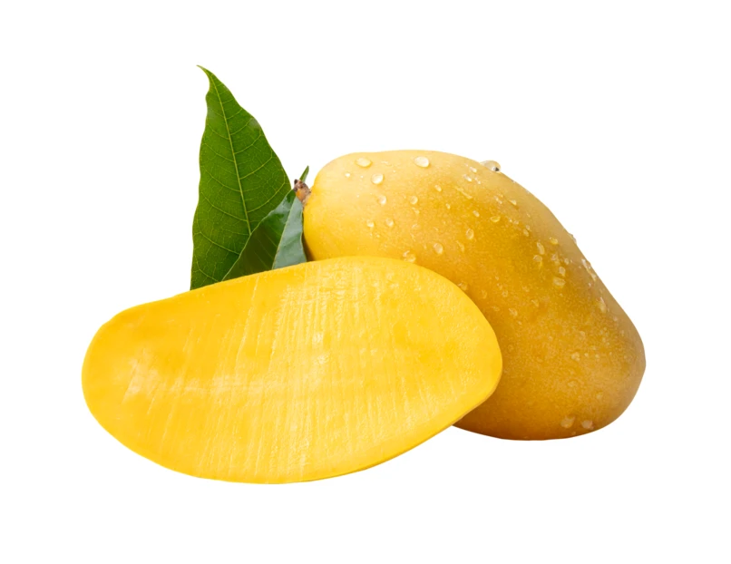 Fresh ripe yellow mango with half slice and leaves