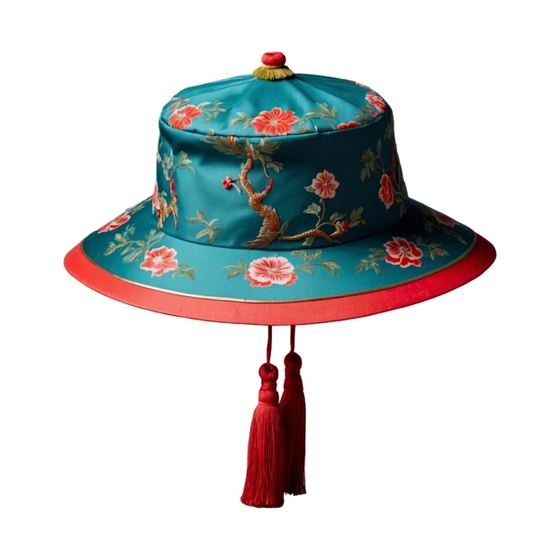 Traditional Chinese embroidered hat with red tassels and floral pattern