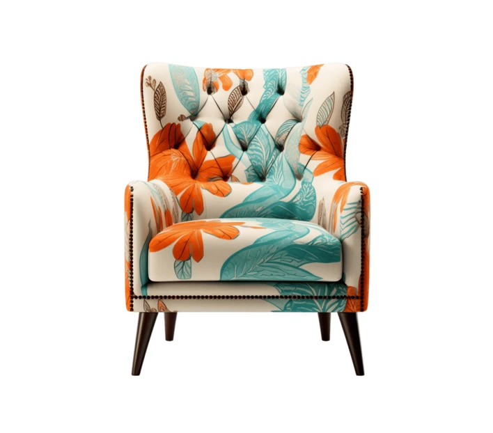 Tufted wingback armchair with tropical floral pattern