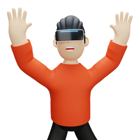 3D character wearing a VR headset with arms raised