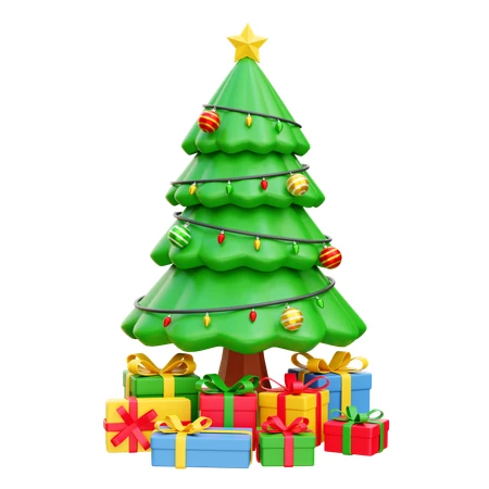 3D stylized Christmas tree with gift boxes and ornaments