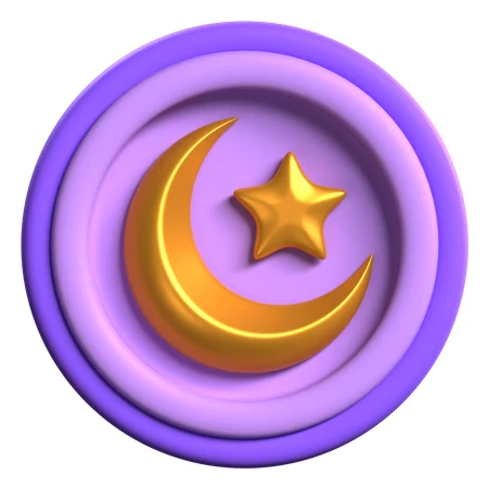 3D golden crescent moon and star icon in purple circle