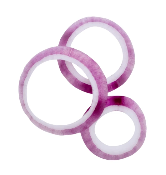 Three red onion rings isolated on a white background